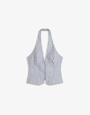 Bershka - Neckholder-Oberteil aus Bengaline in Jeansblau