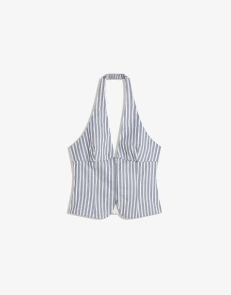 Bershka – Neckholder-Oberteil aus Bengaline in Jeansblau - view 1