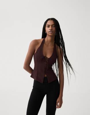 Bershka - Neckholder-Oberteil aus Bengaline in Rot