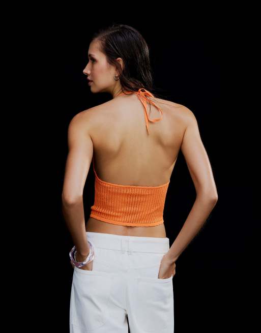 Bershka – Neckholder-Oberteil in Orange mit Lochmuster, 3 von 5