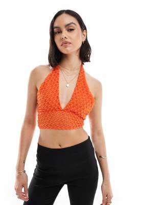 Bershka - Neckholder-Oberteil in Orange mit Textur