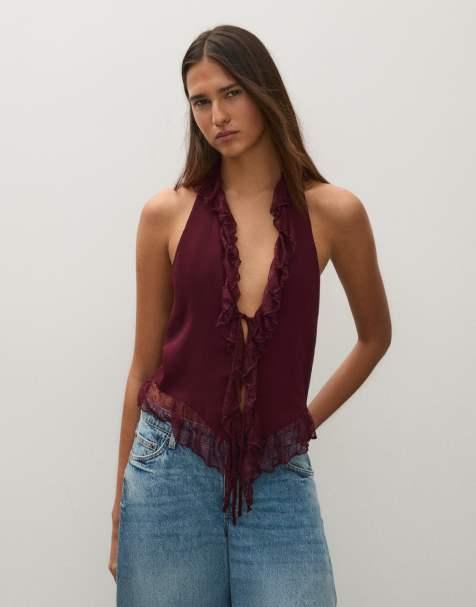 Bershka Neckholder-Top aus Spitze mit Rüschen in Burgunderrot - view 1