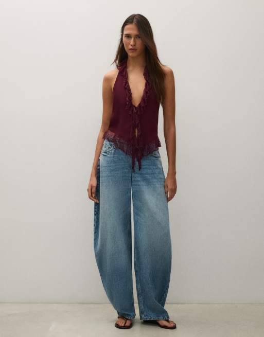 Bershka Neckholder-Top aus Spitze mit Rüschen in Burgunderrot, 4 von 5