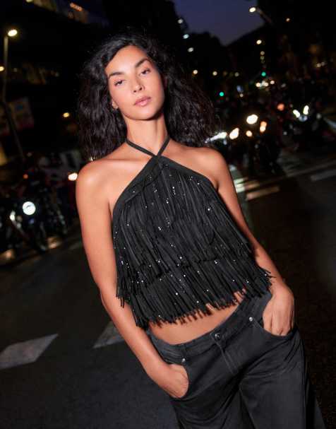 Bershka Neckholder-Top mit Fransen und Strass in Schwarz - view 1