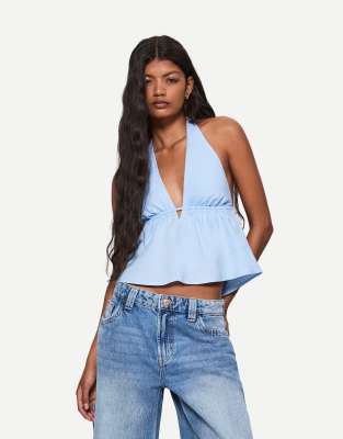 Bershka - Neckholder-Weste aus Leinenmix in Hellblau