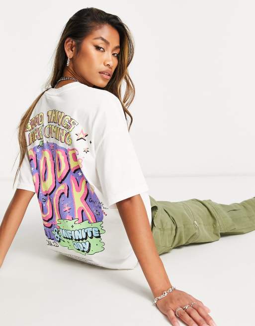 Bershka neon graphic print oversized tee in white