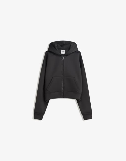 Bershka Neoprene-effect oversize zip-up sweatshirt in black