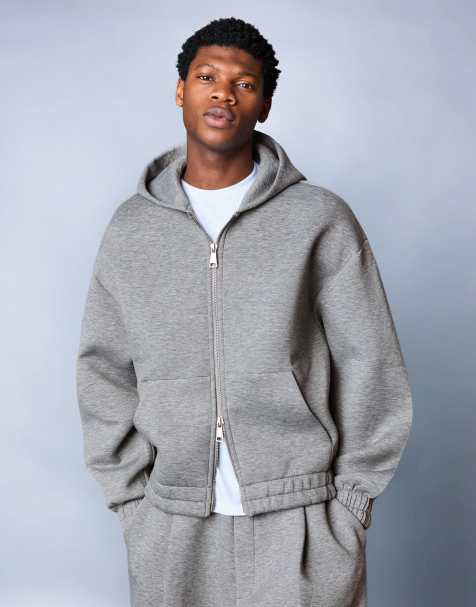 Bershka Neoprene effect zip-up hoodie in light grey