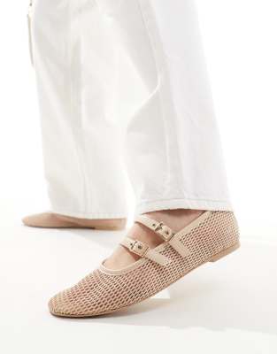 Bershka - Netzstoff-Ballerinas in Beige mit Riemchendetail-Neutral