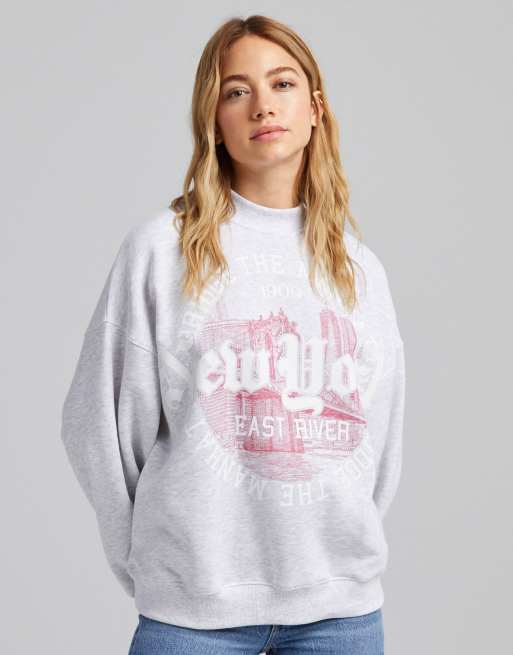 Bershka new york slogan sweatshirt in grey | ASOS