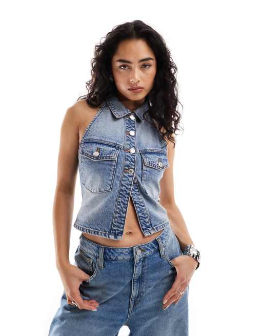 Bershka – Niebieska kamizelka jeansowa z dekoltem halter w stylu vintage