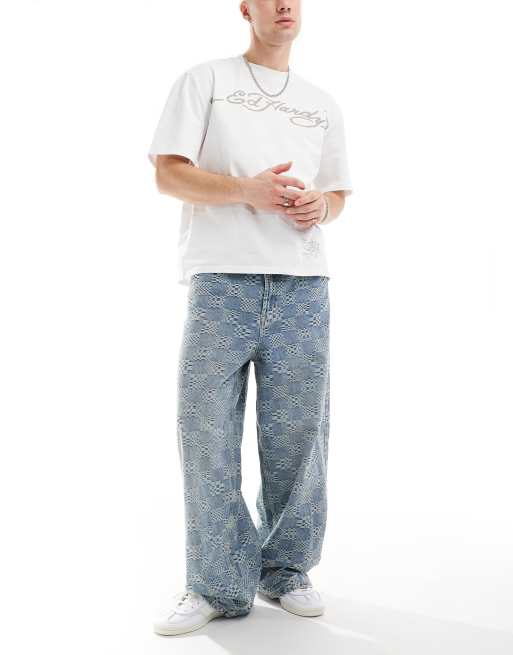 Bershka – Niebieskie żakardowe jeansy super baggy , 3 z 5