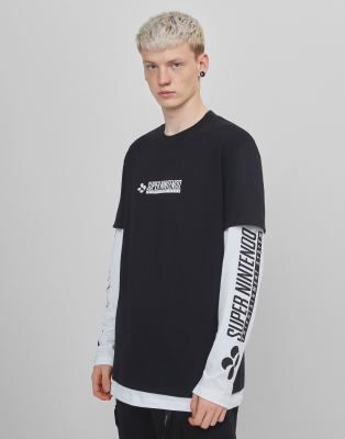 Bershka Nintendo Print T-shirt In Black In Black