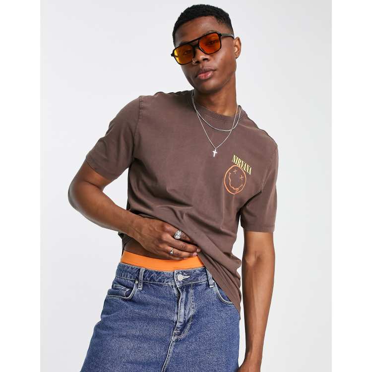 Bershka nirvana back print face t shirt in brown ASOS