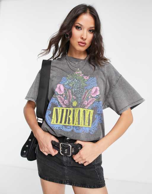 Bershka nirvana slogan oversized tee in acid wash gray