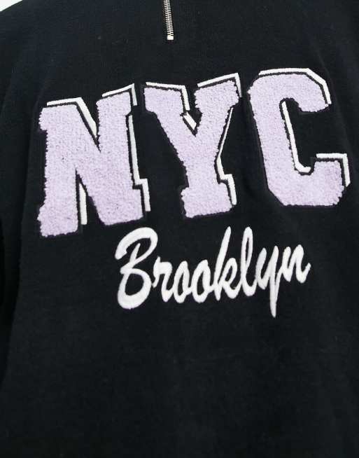 Bershka – NYC – Czarny welurowy sweter z suwakiem pod szyją, 2 z 4