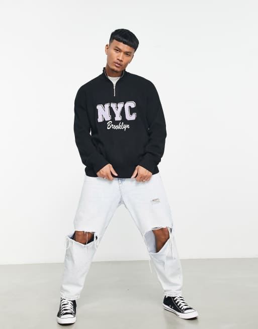 Bershka – NYC – Czarny welurowy sweter z suwakiem pod szyją, 3 z 4