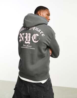 Bershka Nyc Printed Hoodie In Charcoal-gray