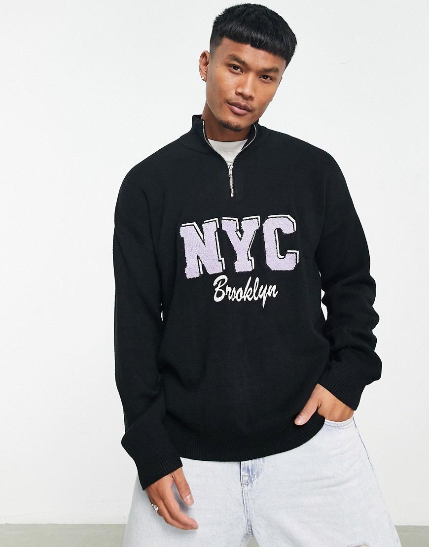 Bershka NYC velour quarter zip sweater in black
