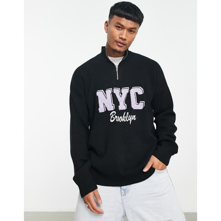 Bershka NYC velour quarter zip sweater in black