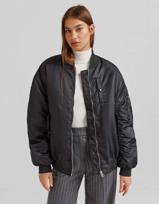 Bershka nylon bomber jacket in black | ASOS