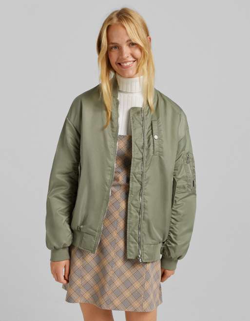 Bershka nylon bomber jacket in khaki