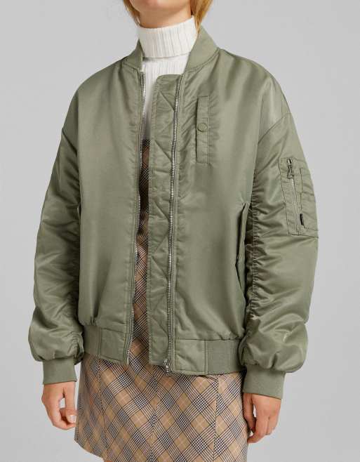 Bershka nylon bomber jacket in khaki ASOS