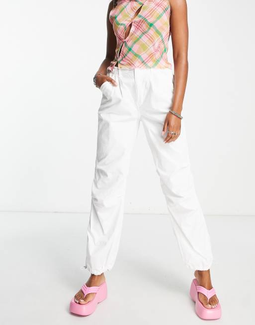 Bershka nylon cargo parachute pants in white ASOS