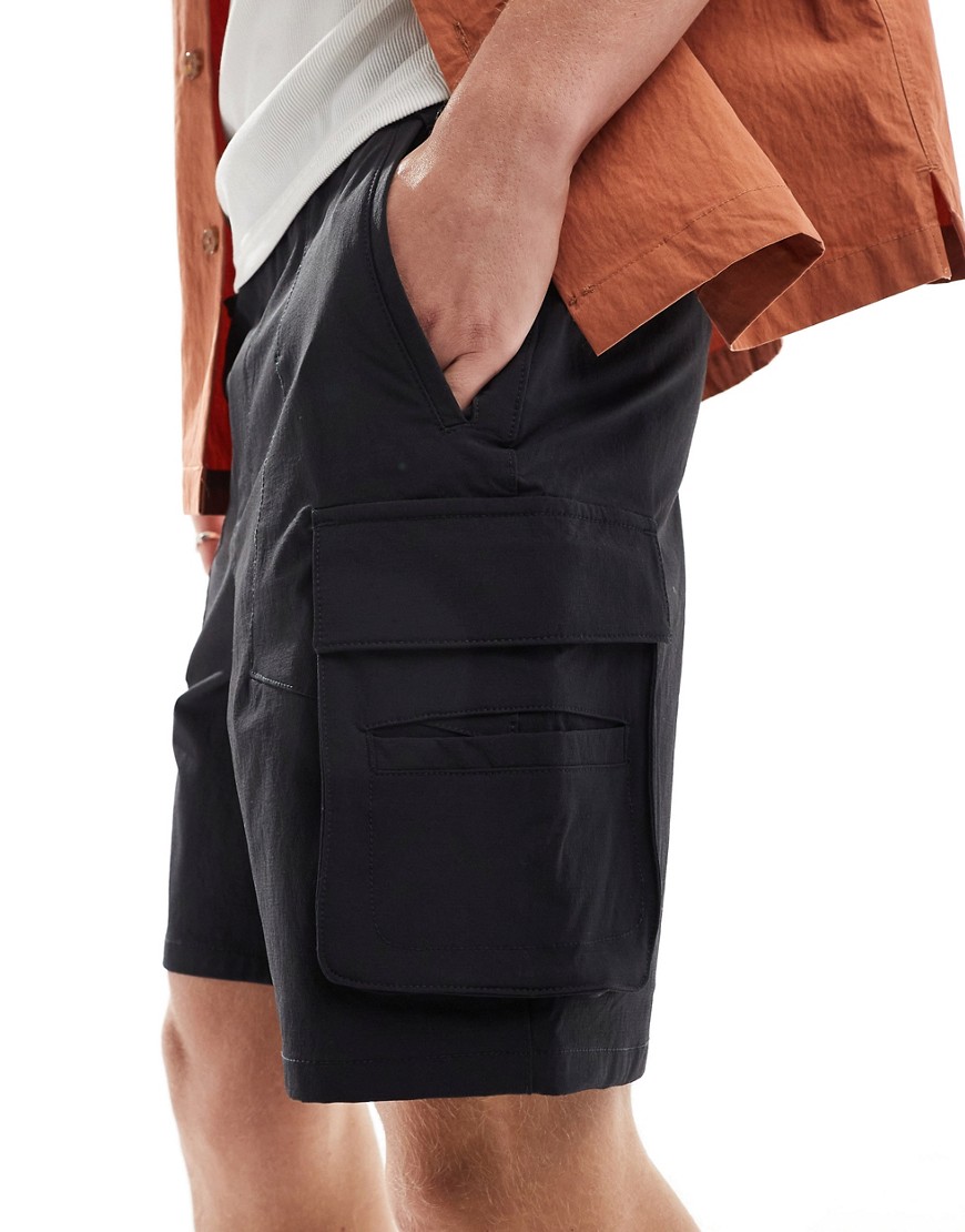 Bershka Nylon Cargo Pocket Shorts In Black