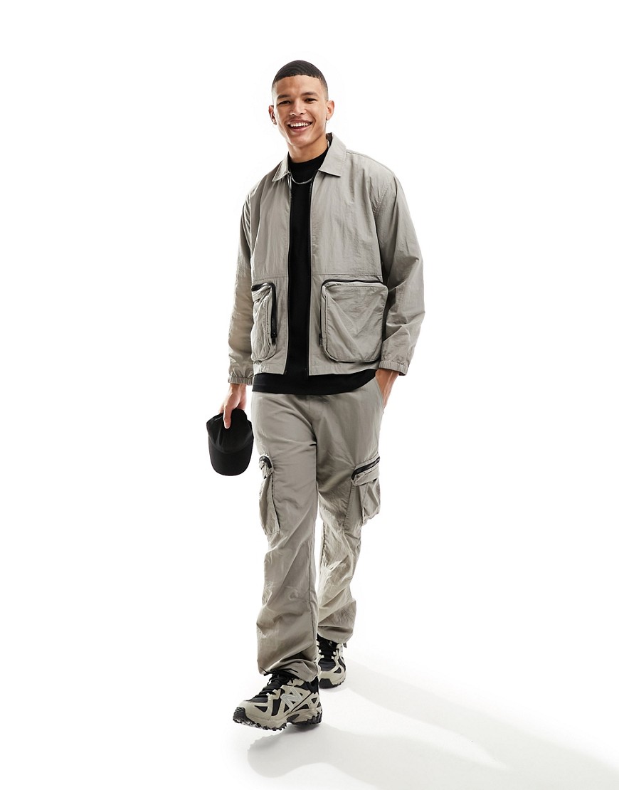 Bershka nylon co-ord utility jacket in grey