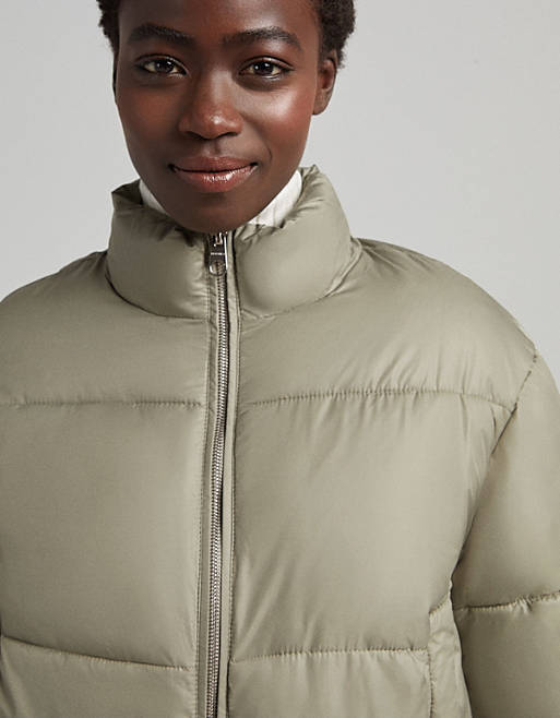  Bershka nylon cropped puffer jacket in khaki 