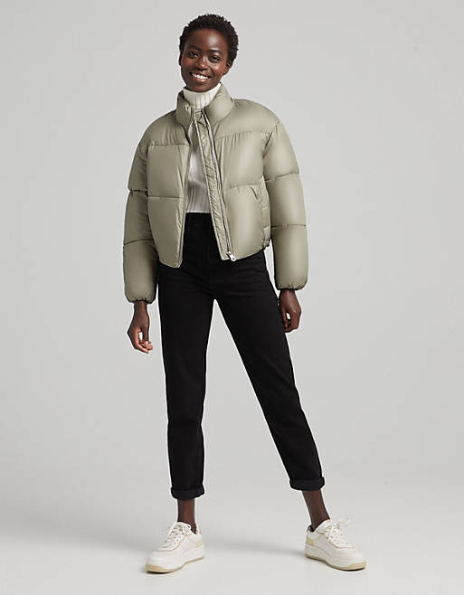  Bershka nylon cropped puffer jacket in khaki 