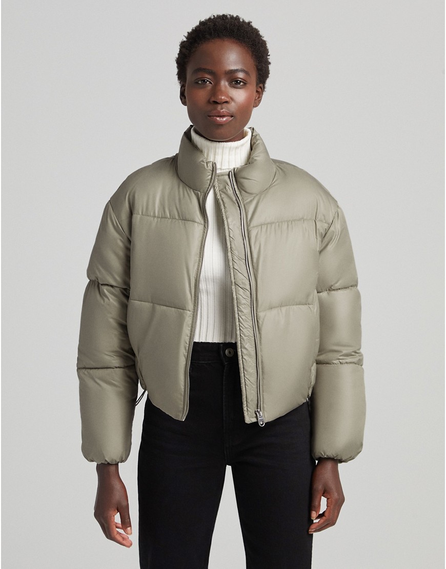 Bershka nylon cropped puffer jacket in khaki-Green
