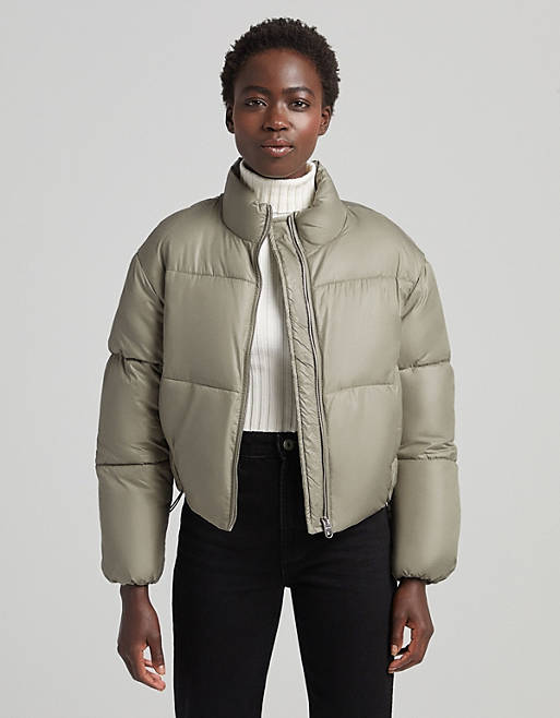 Women Bershka nylon cropped puffer jacket in khaki 