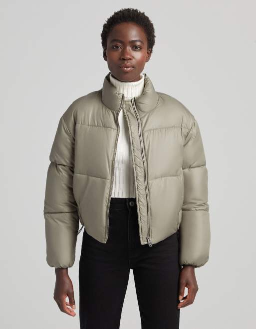 Bershka nylon cropped puffer jacket in khaki | ASOS