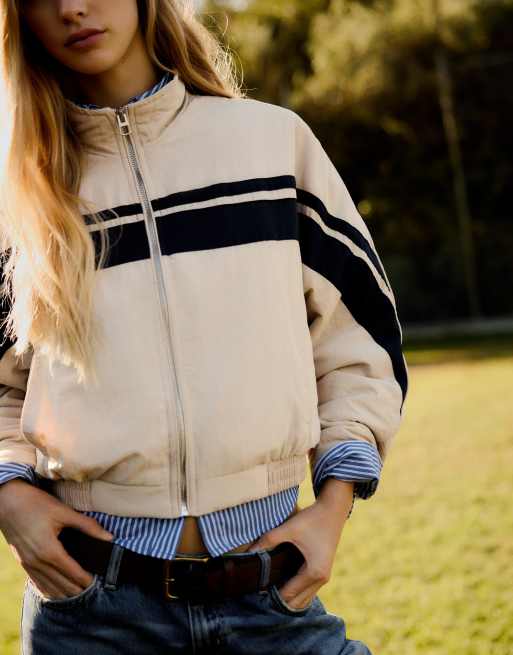 Bershka nylon jack met contrastband in beige, 5 van 6