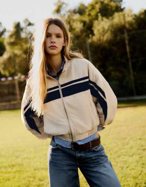 Bershka Nylon jacket with contrast band in beige - view 1