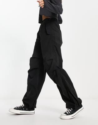 Bershka Nylon Parachute Pants In Black In Black