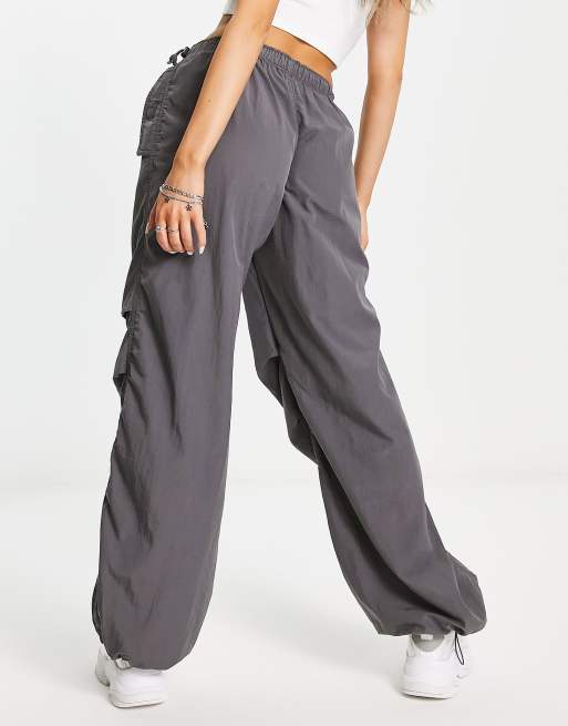 Bershka nylon parachute pants in gunmetal gray