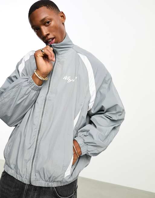 Bershka nylon reflective panel windbreaker jacket in grey