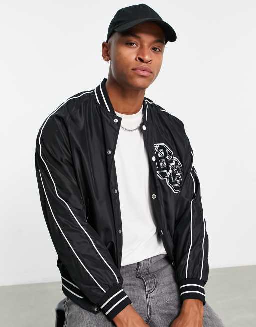 Bershka varsity oversized bomber jacket in brown