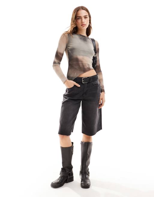 Bershka – Oberteil aus Netzstoff mit asymmetrischem Saum und Farbverlauf in Grau, 2 von 4