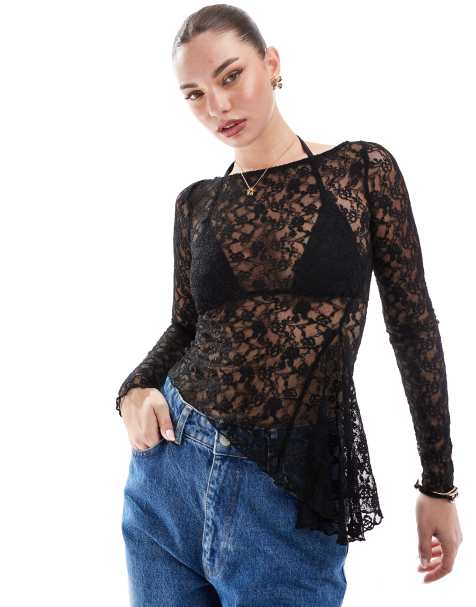 Bershka – Oberteil aus Spitze in Schwarz mit asymmetrischem Muster - view 1