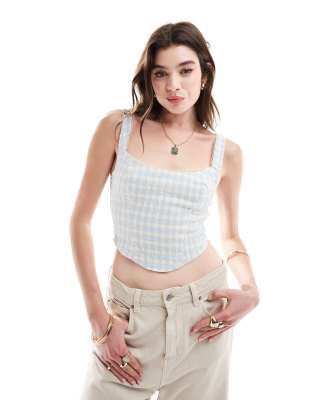 Bershka - Oberteil im Milchmädchen-Stil in Blau und Weiß kariert