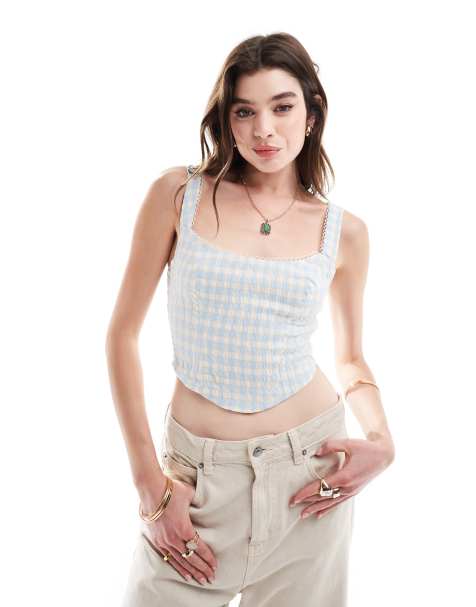 Bershka – Oberteil im Milchmädchen-Stil in Blau und Weiß kariert - view 1