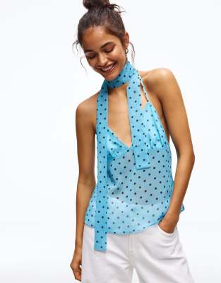 Bershka - Oberteil in Blau mit Polka Dots und Trägern mit Schaldesign