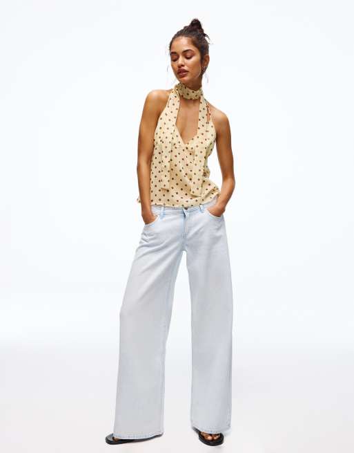 Bershka – Oberteil in Gelb mit Polka Dots und Trägern mit Schaldesign, 2 von 4