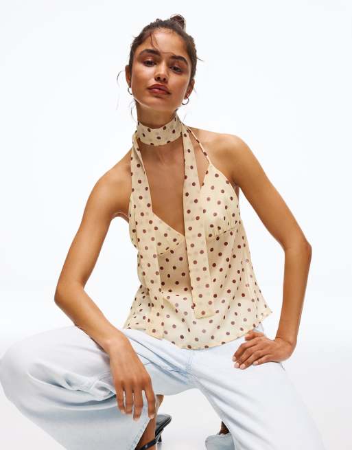 Bershka – Oberteil in Gelb mit Polka Dots und Trägern mit Schaldesign, 3 von 4
