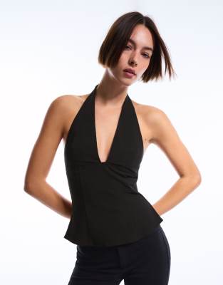 Bershka - Oberteil in Schwarz mit Reißverschluss vorne