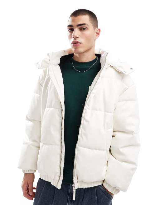 Bershka – Ocieplany biały płaszcz z imitacji skóry z odpinanym kapturem